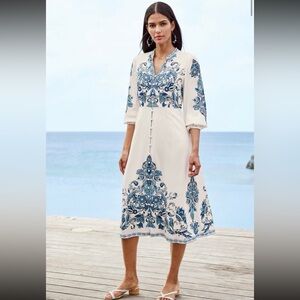 NEW Soft Surroundings Louise Midi Dress Bohemian Classic White Blue Size PM NWT